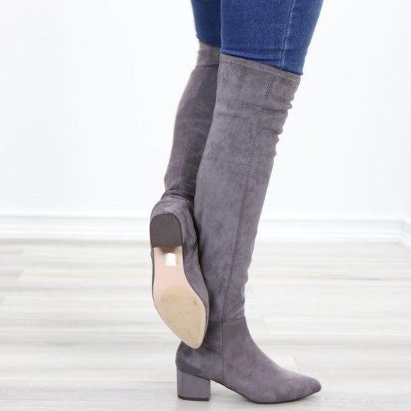 Pointy Toe Over The Knee Gray Boots Faux Suede - Picture 4 of 12